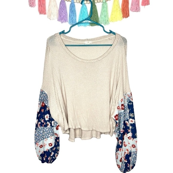 Altar'd State Tops - Altar’d State Cream Blue Boho Floral Patchwork Balloon Sleeve Waffle Blouse